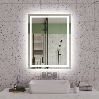 Miroir de salle de bain 28 po x 36 po à DEL, éclairé à l'avant et à l'arrière, gradable en continu, 3 couleurs CRI90 +, mémoire de luminosité, incassable, miroir de meuble-lavabo à DEL antibuée, imperméable IP44