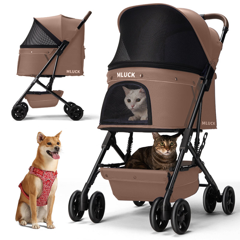Poussette à 4 roues pour animaux de compagnie pour chiens et chats - Poussette légère avec poignée en cuir, pliable à une main, toile respirante en filet et fermeture à glissière, transporteur de voyage avec rangement