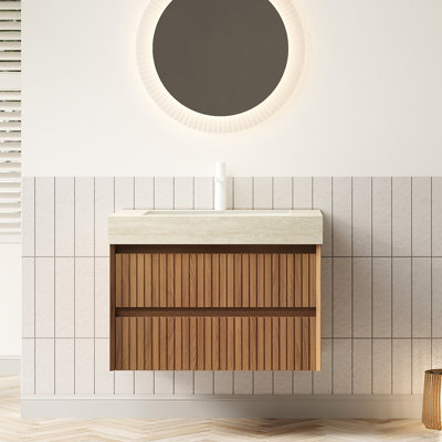 Meuble-lavabo flottant 30 po, rangement en contreplaqué rayé, 2 tiroirs, pierre frittée à motif, lavabo encastré en céramique, couleur, glissières à fermeture en douceur, E0, meuble-lavabo et évier à installation rapide, armoire,