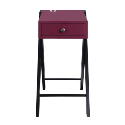 Rectangular Side Table With Power Dock, Black And Burgundy Finish, Single Drawer For Items, Open Base, Kd Joint, Material, 22 In Wide Accent Charging Burgundy, 1 Storage, Leg, Assembly, Width, 13