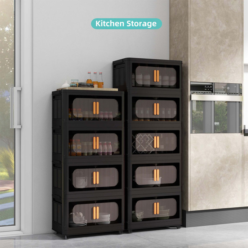 24 Inch Wide Folding Storage Cabinet With 5 Tiers, Collapsible Bins, Magnetic Door, And Wheels For Versatile Use And Easy Organization