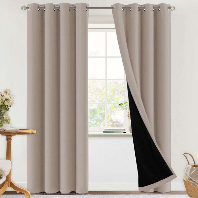 Eliott Solid 100% Blackout Thermal Insulated Grommet Curtain Panels Heat and Full Light Blocking Curtains for Living Room with Black Liner 2 Panels Set