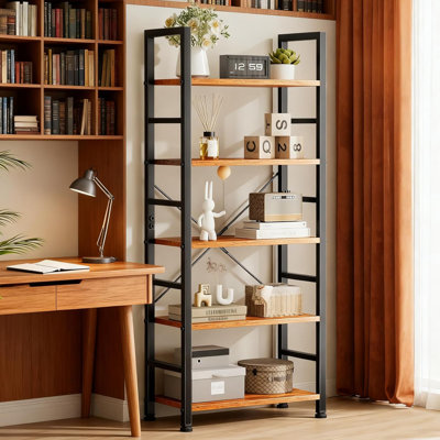 5 Tier Bookshelf, Free Standing Wooden Bookcase With Open Storage Shelves With Metal Frame, Sturdy Shelf Organization Display Rack For Living Room, Bedroom, Home Office, 62.2" Tall