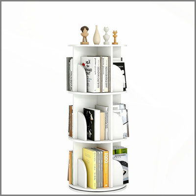 Rotating Bookshelf, Wood Corner Bookshelf, 360 Display Spinning Bookcase Storage Rack, 3 Tier Floor Standing Revolving Bookcase Narrow Book Shelf Organizer for Small Space, Bedroom, White
