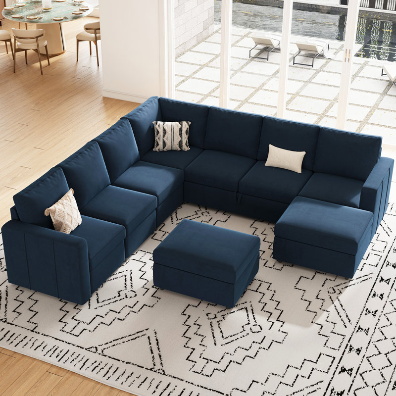 Canapé modulaire en L Aubade de L 107 po avec 2 repose-pieds avec rangement, Velours bleu