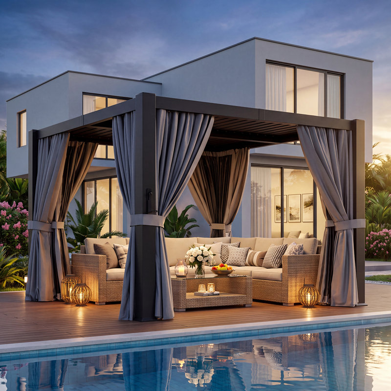 Pergola extérieure en aluminium de 3 m x 3 m avec toit à lames orientables, système de gouttières intégré, moustiquaire et rideaux