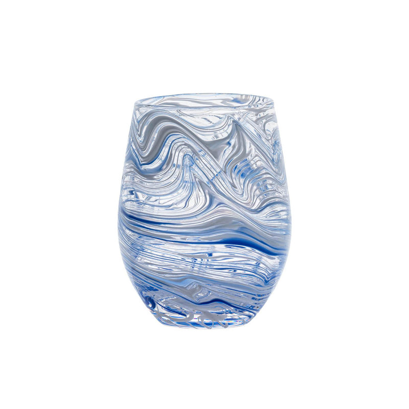 Puro Marbled Stemless Wine Glass, Blue