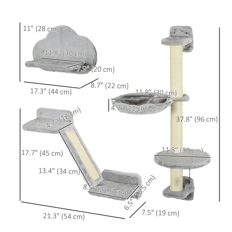 Tablette murale pour chat 3 pièces Tucker Murphy Pet ™ avec poteaux à griffer, hamac, rampe, plateformes, tablettes pour chats pour se détendre, dormir, sauter