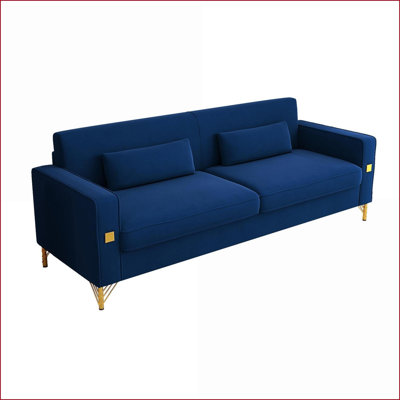 Sofas | Modern 3-Seat Plush Sofa with Gold Accents for Living Room Office | Velvet | Retro Blue