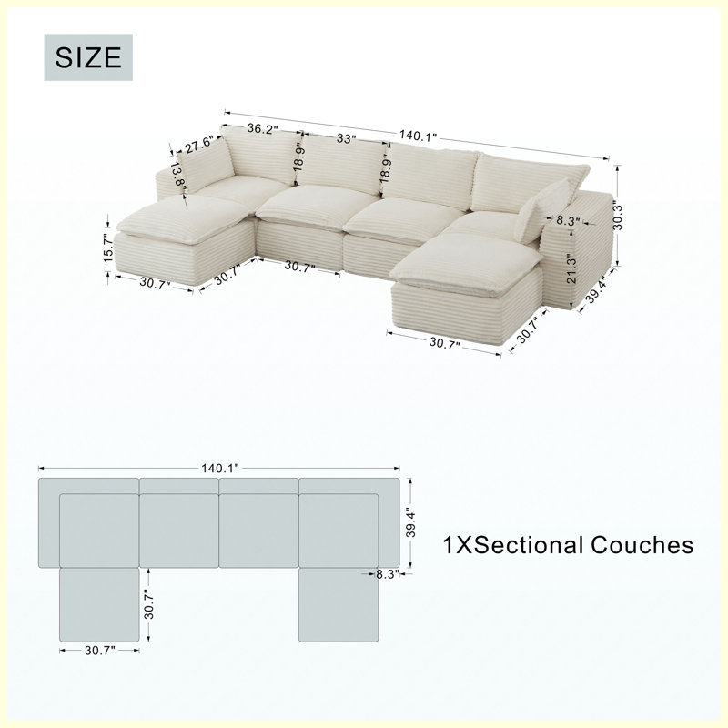 Canapé-lit convertible Corduroy, H 30,3 po x l 70,1 po x P 109,4 po, White