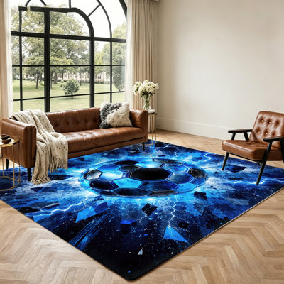 Tapis de ballon de football futuriste, conception de foudre bleu électrique, tapis de sol à effet brisé, tapis d'intérieur pour salon, chambre à coucher, jeu, homme des cavernes, décor de ventilateur de sport