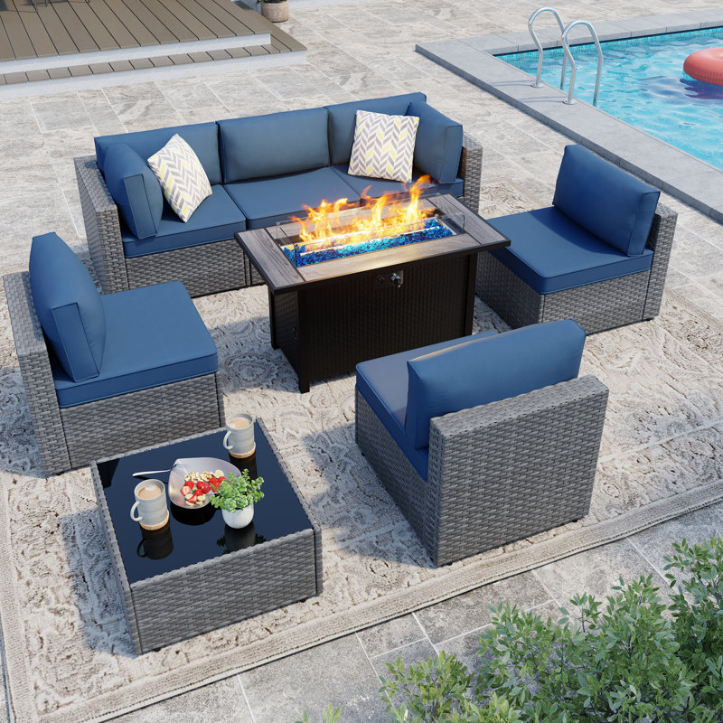 Bushrah 6-Person Outdoor Wicker Patio Seating Group with Cushions and Fire Pit, Silver, Navy