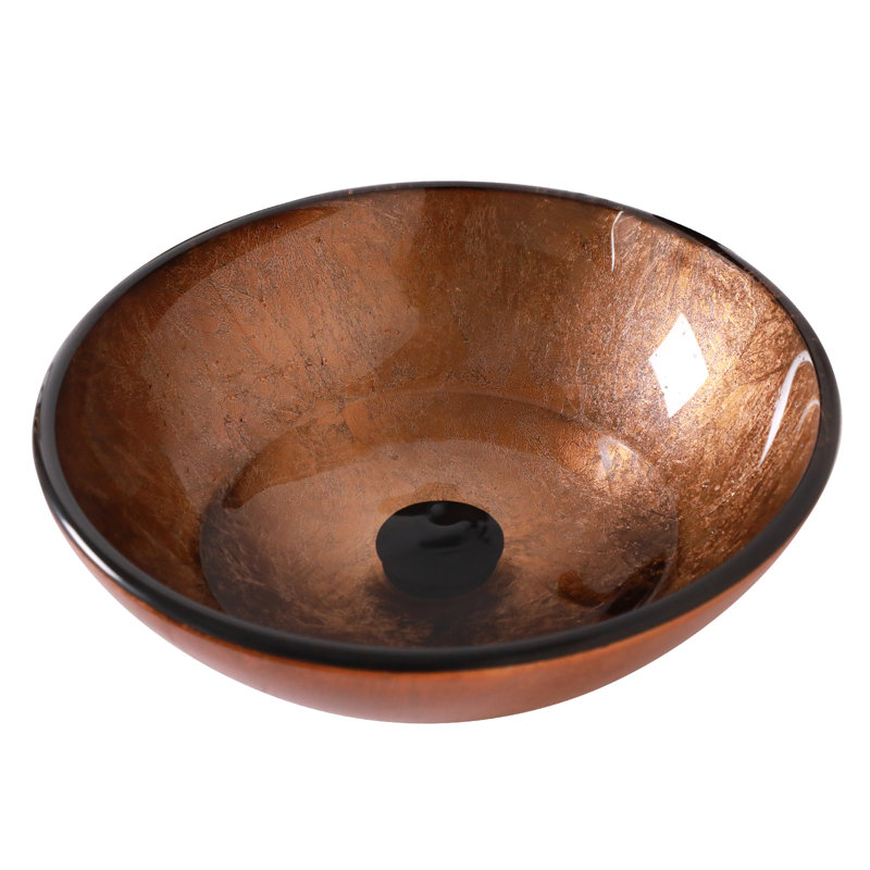 Mocoloo 15"L x 15"W Tempered Glass Bathroom Vessel Sink Brown Round Glass Artistic Bathroom Sink with Pop-up Drain, Brown
