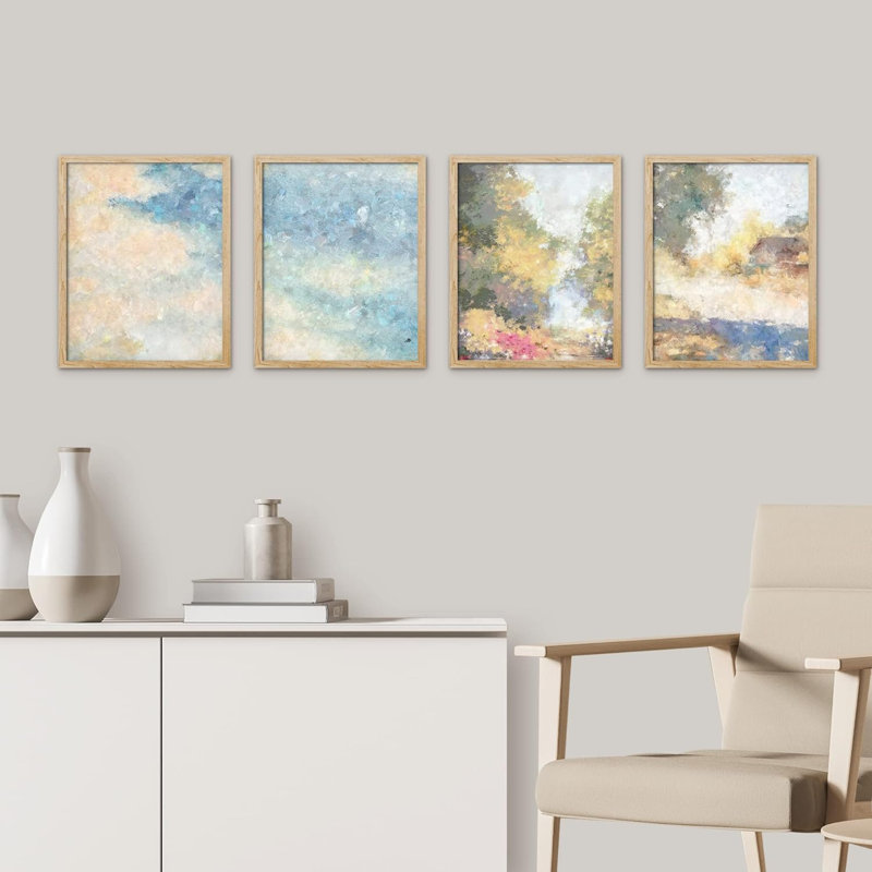 «Watercolor Forest Tree Landscape Collage», ensemble de 4 impressions murales géométriques abstraites encadrées sur papier, impression de 4 pièces