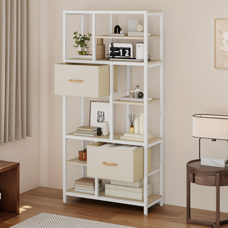 151 H X 72 W Corner Shelf Unit Wooden Bookcase for Living Room, Beige/White