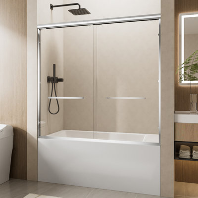 60" W X 57" H Soft-close Double Sliding Shower Door With Finish, 1/4" Thick Tempered Glass, Dual Stainless Steel Handles, , Reversible For Space - Saving Bathroom Designs, Leakproof Design Magnetic