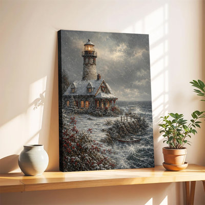 Art mural rétro en forme de phare côtier avec couronne de Noël en tempête de neige, bord de mer d'hiver