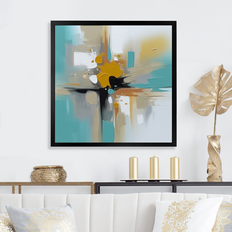 Encre sur toile Lybarger, jaune et turquoise, Cadre photo noir, H 16 po x l 16 po x P 1 po