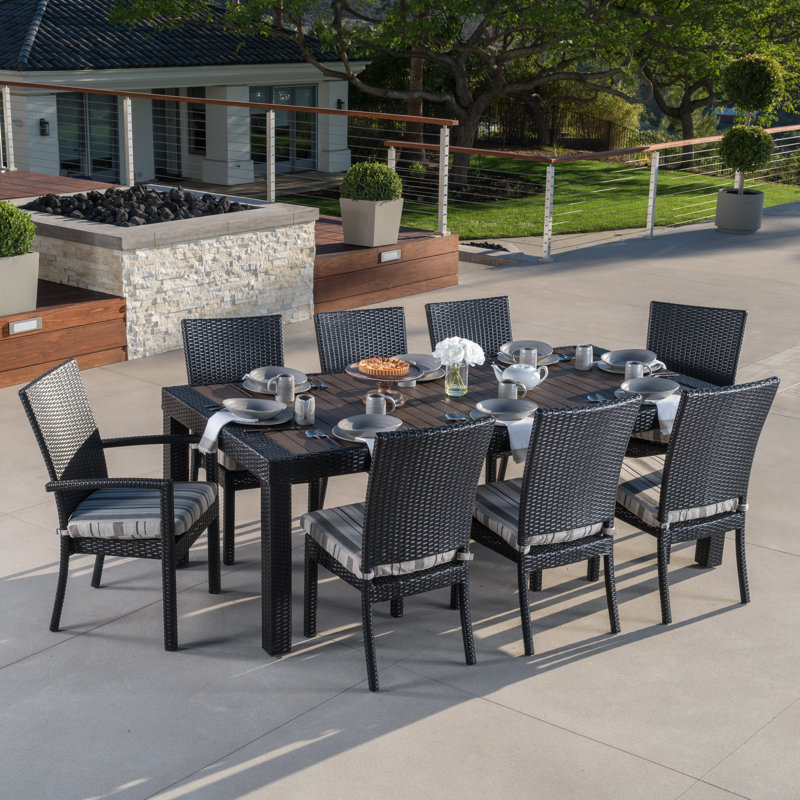 Cannes 9 Piece Dining Set with Cushions, Brown/Black Frame/Canvas Navy Cushion
