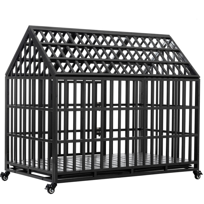 Cage pour chien 52 po en métal robuste pour les grandes races - 4 roulettes verrouillables, finition, 2 plateaux amovibles, entrées avant et toit, processus d'assemblage simple avec structure à roulettes, casseroles en plastique, ouvertures, facile