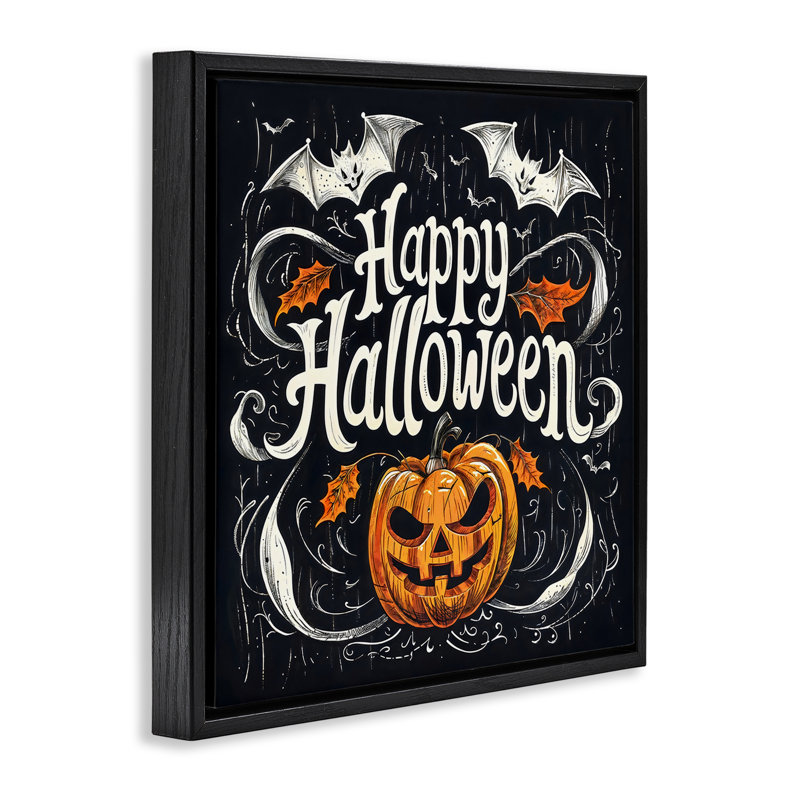 Cadre flottant Happy Halloween avec détails ornés, design par Creative Studio, H 25 po x l 25 po, Cadre flottant noir de jais