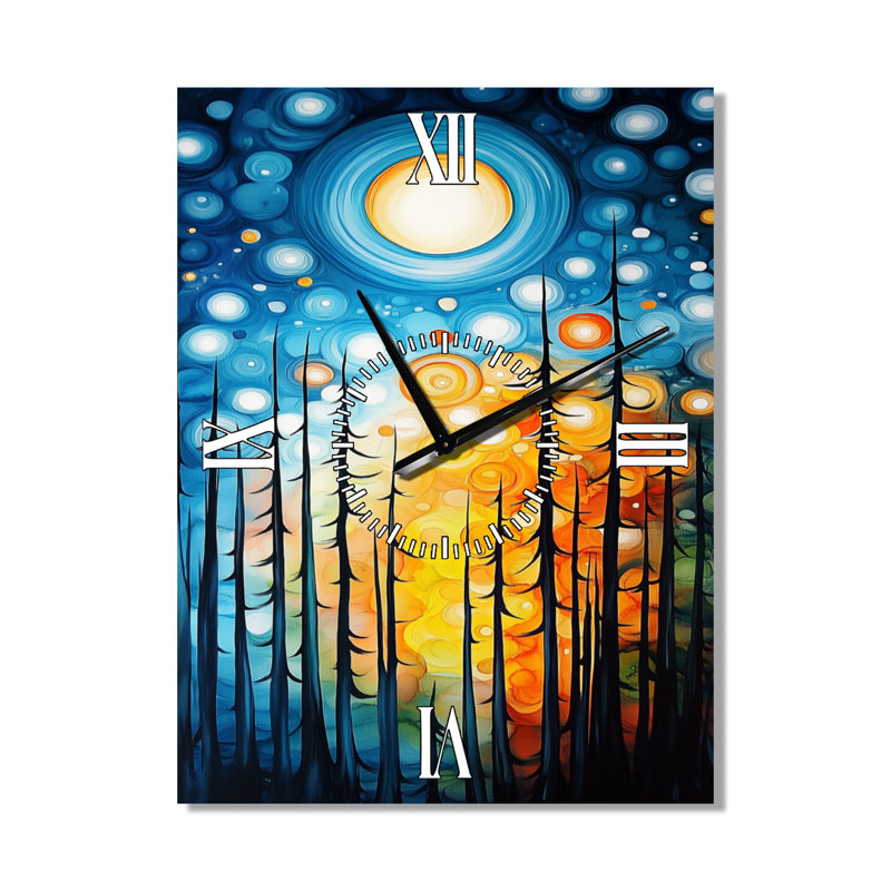 Promenade estivale au clair de lune en forêt I - Grande horloge murale céleste en métal, H 32 po x l 24 po - Rectangle