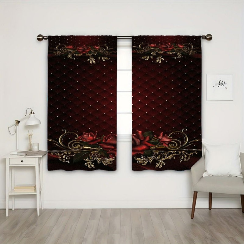 2Pcs Red Gold Rose Pattern Curtains, Luxurious Baroque Style, Rod Pocket Window Drapes, Elegant Floral Design, Living Room Bedroom Study Window Decor