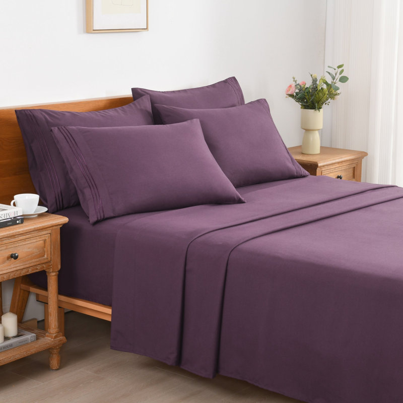 4/6 Pcs Soft Solid & Embroidery Bed Sheets Set, King, Purple