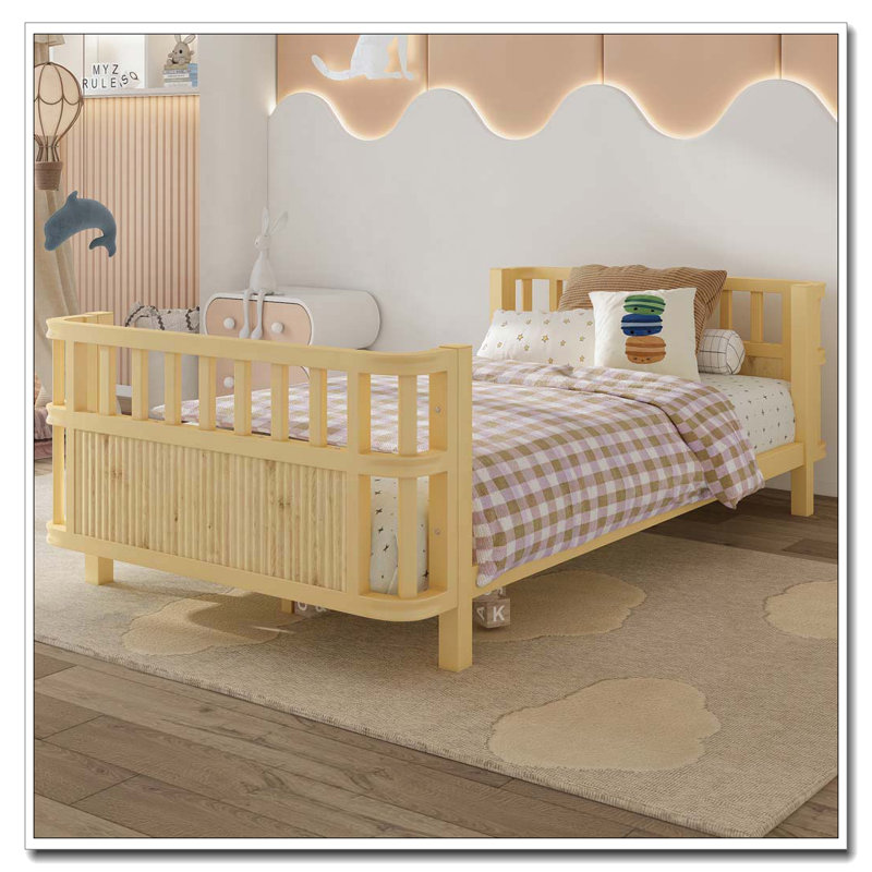 lit plateforme double en bois avec garde-corps, Naturel, Lit simple