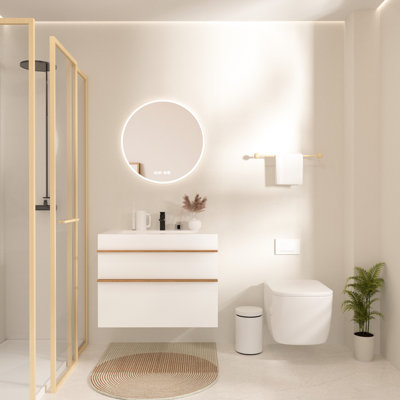 Meuble-lavabo flottant mural blanc moderne de 36 pouces avec lavabo en acrylique intégré, pré-assemblé, 2 tiroirs à fermeture en douceur, poignées en bois bicolore, glissières de tiroir silencieuses et silencieuses, rangement bien rangé
