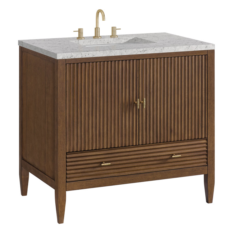 Myrrin 36'' W Single Vanity, Mid-Century Walnut, Eternal Jasmine Pearl, 8" Widespread
