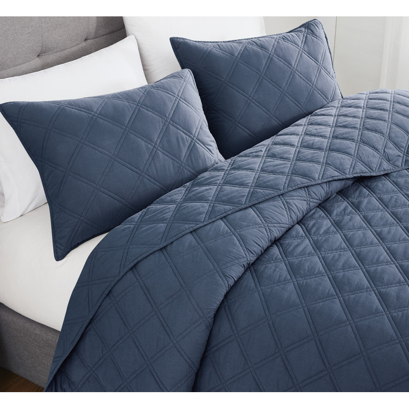 Brooklyn Loom Diamond Washed Cotton Quilt Set, King Quilt  + 2 Shams, Blue