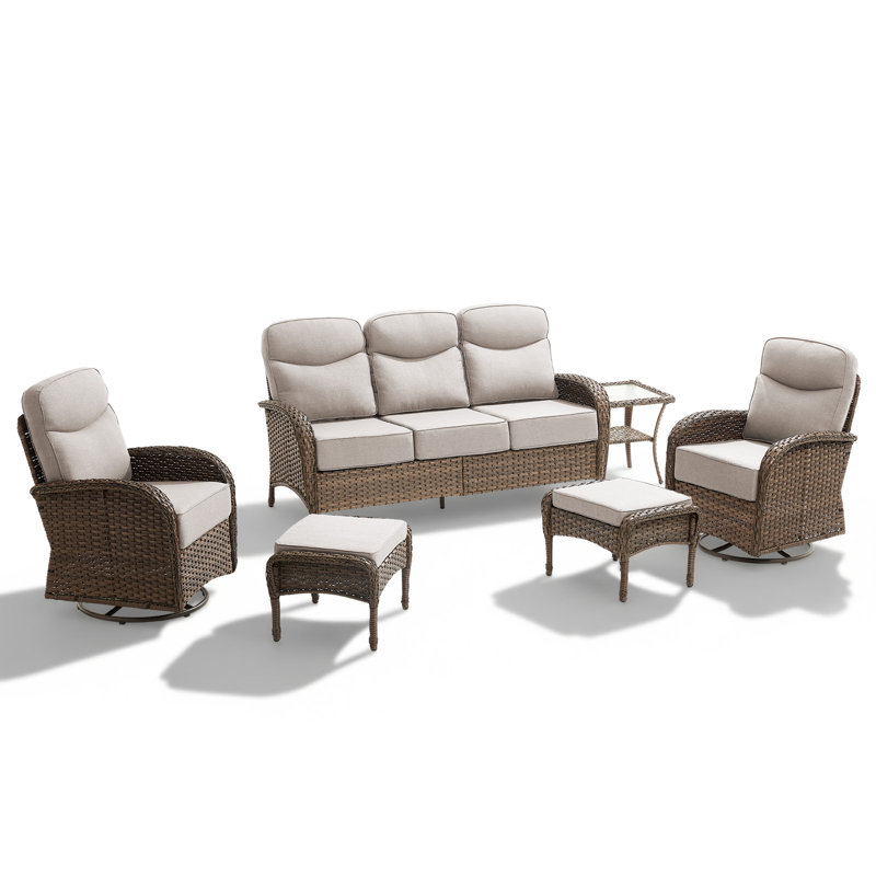 Alakai 6-Piece Outdoor Courtyard Wicker Family Conversation Set With Swivel Chairs And Coffee Table, Beige