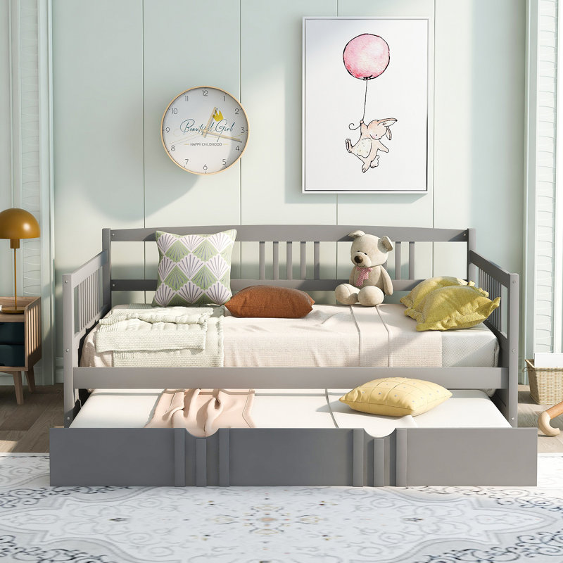 Lit de jour avec couchette en bois, Lit double, Gris