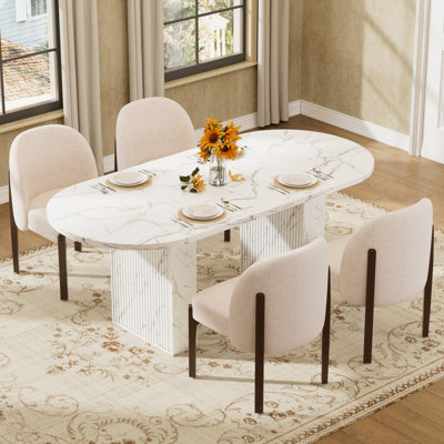Farmhouse Dining Set, 62.9in Oval Table & 4/6 Upholstered Chairs for Dining, Kitchen
