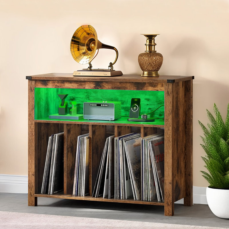 Record Player Stand with Storage for 200 Albums 5 Cubbies, Power Outlets, USB Ports & RGB LED Lights, Scratch Resistant Wood