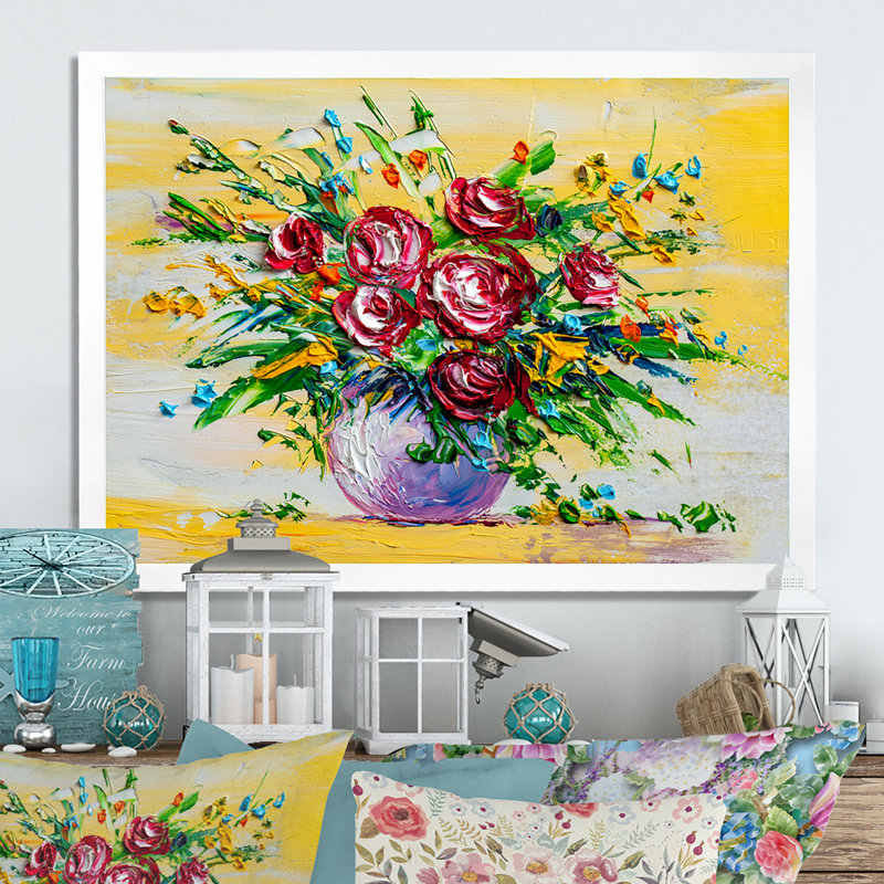 Peinture Bouquet de roses impressionnistes IV - Décoration murale traditionnelle sur toile, Cadre photo blanc
