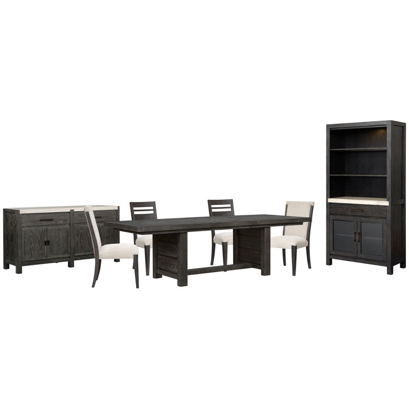 Extendable Trestle Dining Table With 2 Side Chairs 2 Upholstered Side Chairs Sideboard And Display Cabinet