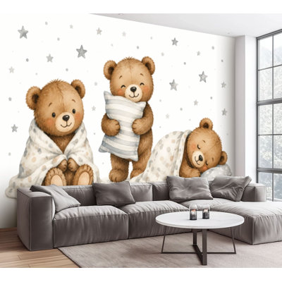 Ensemble de papiers peints et adhésifs muraux, trois ours en peluche, couverture, aquarelle, dessiné à la main, aimable, papier autocollant amovible, décoration murale pour le salon, chambre à coucher H 69 po x l 96 po