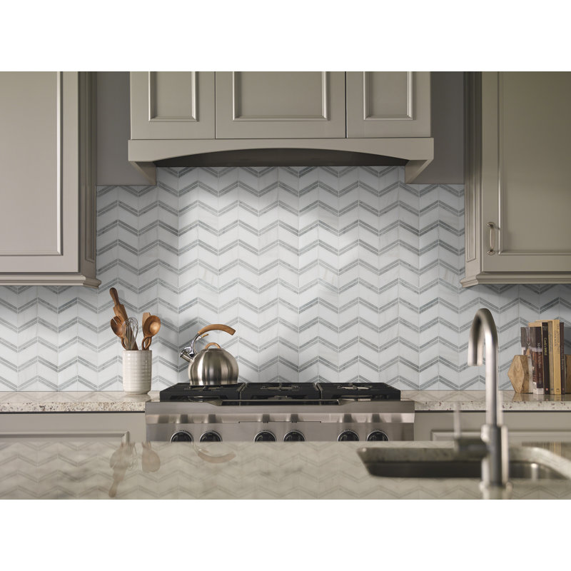 Calabria Frost Chevron 12 in. x 12 in. Polished Marble Mosaic Floor and Wall Tile