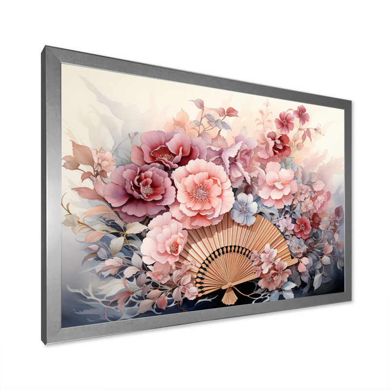 «China Art Silk Fans», reproduction d'art sur porcelaine, H 30 po x l 40 po x P 1,5 po, Cadre simple argenté