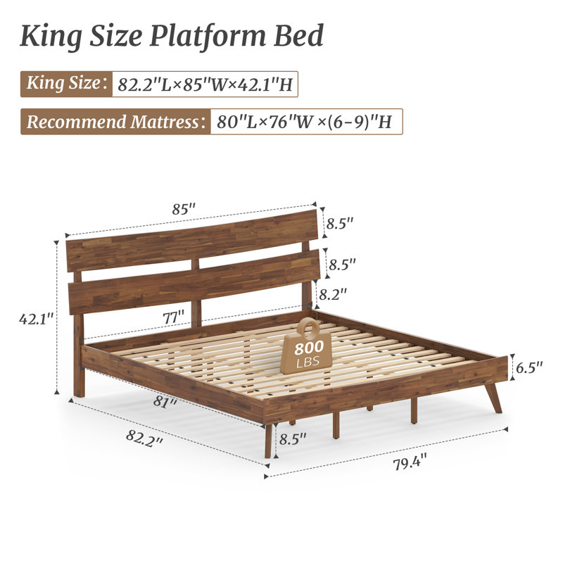 Solid Wood Bed Frame With Headboard, Cherry, King