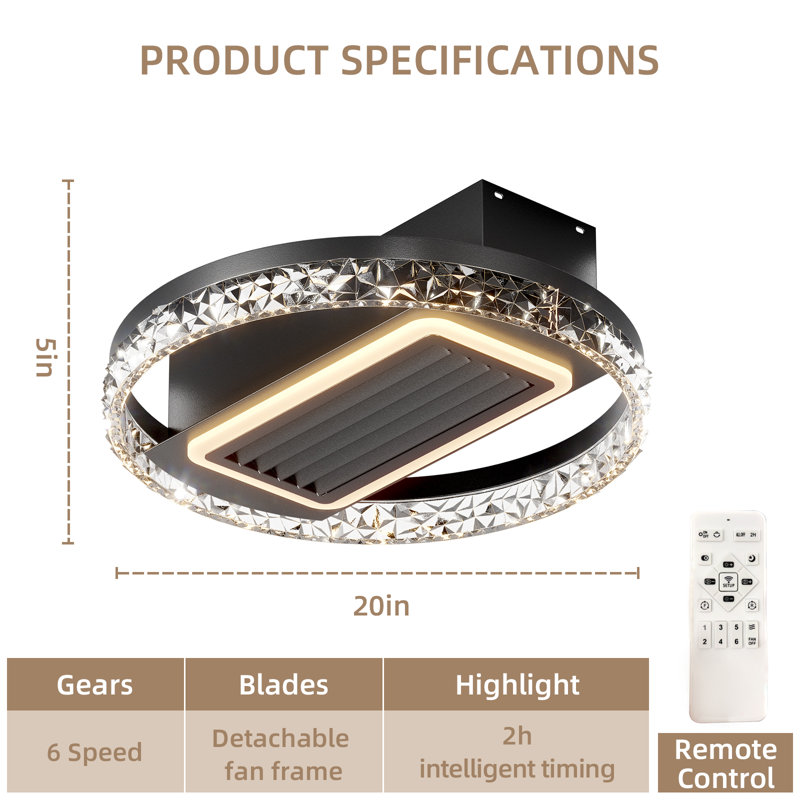 Ventilateur de plafond moderne sans lame de 20 po à DEL avec ventilateur à intensité variable Kaislynn, Noir