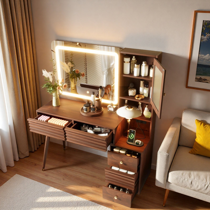Bureau de maquillage avec miroir et lumières, 5 tiroirs, armoire de rangement en verre cannelé et prise de courant, Espresso