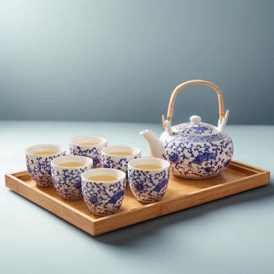 Service à thé traditionnel japonais pour adultes, théière en céramique 22 oz avec 6 tasses à thé et plateau en bois, service à thé en porcelaine émaillée à la main avec poignée tissée, boîte-cadeau thé asiatique