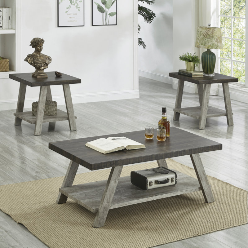 Tevis 3-Piece Wood Coffee Table with Shelf, Light Gray, Gray