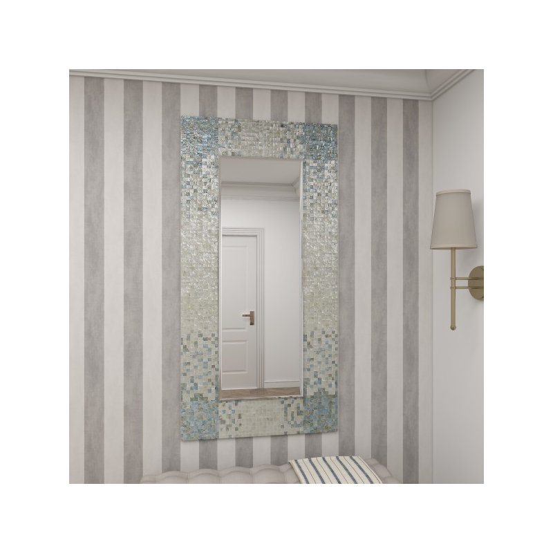 Mother of Pearl Shell Handmade Mosaic Room Wall Mirror with Blue Corners, 70.13"  x 35.5" 