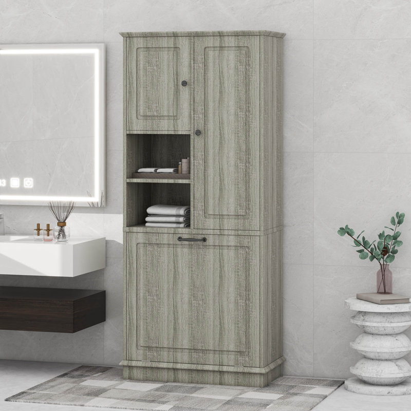 Grande armoire de rangement avec tablettes réglables, grand panier rabattable et armoires fermées, Chêne