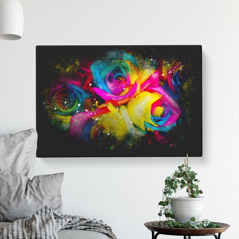 Multi-Coloured Rainbow Roses - Wrapped Canvas Painting, 40cm H x 60cm W x 4cm D