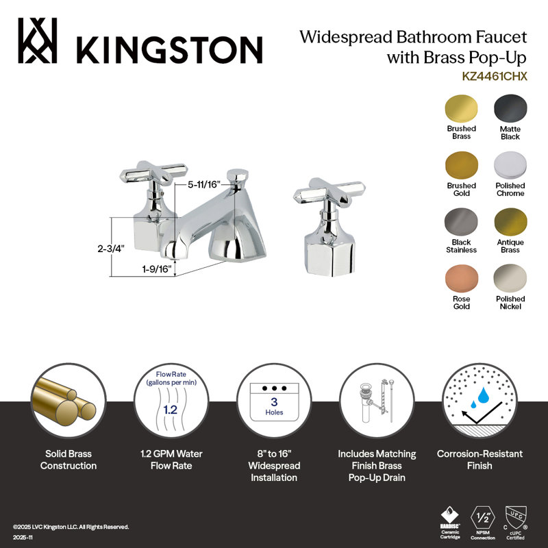 Kingston Brass Two-Handle 3-Hole Deck Mount Widespread Bathroom Faucet With Brass Pop-Up, Polished Chrome, Cross Handle